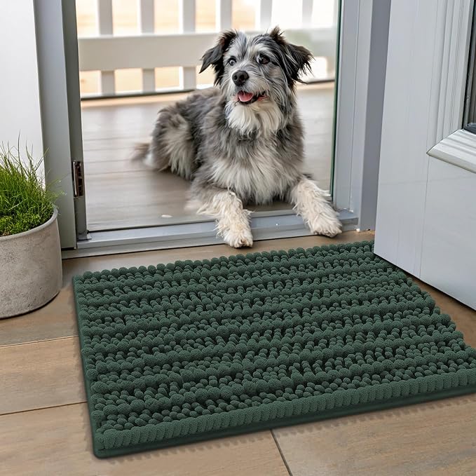 Smiry Dog Door Mat for Muddy Paws 24x16, Absorbent Dirt Trapper, Non-Slip Washable Chenille Entryway Rug for Inside Floor, Green, Layered Pattern