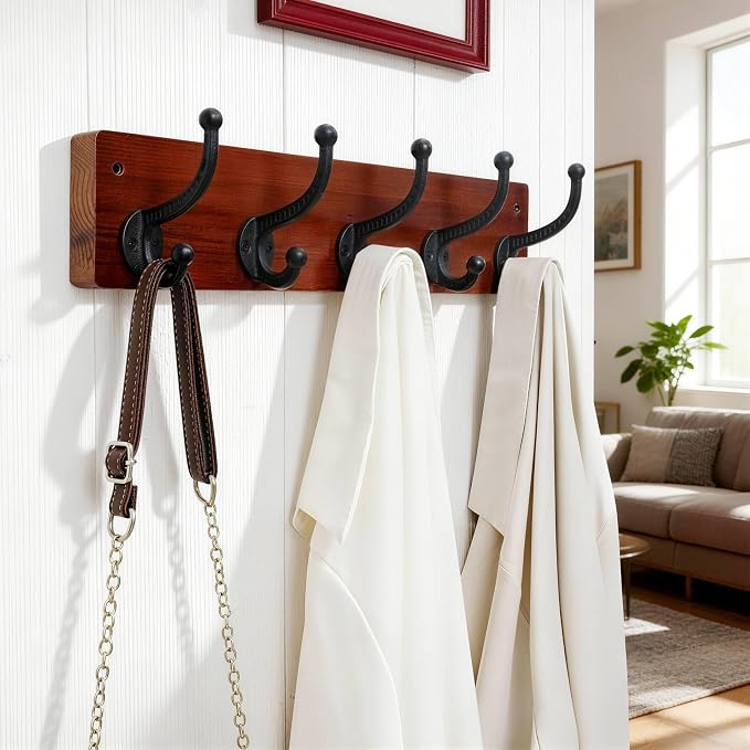 WEBI Rustic Coat Rack Wall Mount,5 Cast Iron Coat Hooks Wall Mounted,Heavy Duty Wood Wall Coat Hanger Hooks for Hanging Coats,Jacket,Clothes,Backpack,Farmhouse,Cherry,2 Packs
