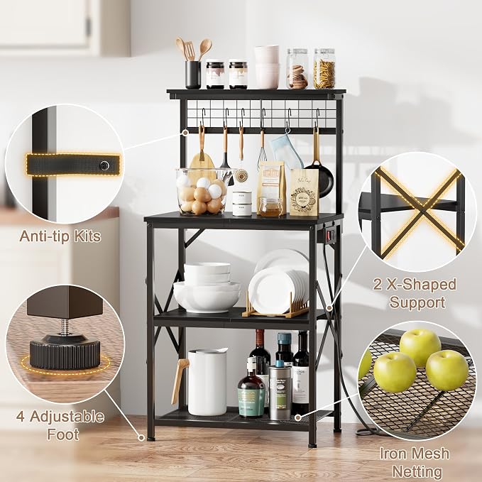 Furologee Kitchen Bakers Rack with Power Outlet, Microwave Oven Stand with Storage 4 Tiers, Coffee Bar Table with 6 S Hooks, Kitchen Storage Shelf Rack for Spices, Pots,Black