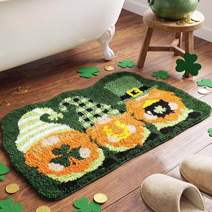 Capoda St. Patrick's Day Bathroom Rug 20 x 31.5 Inch Gnome Shamrock Bathroom Rug Non-Slip Washable Soft St. Patrick Bath Mat for Indoor Outdoor Home Kitchen Bath Decoration(1 Pcs, Gnome)