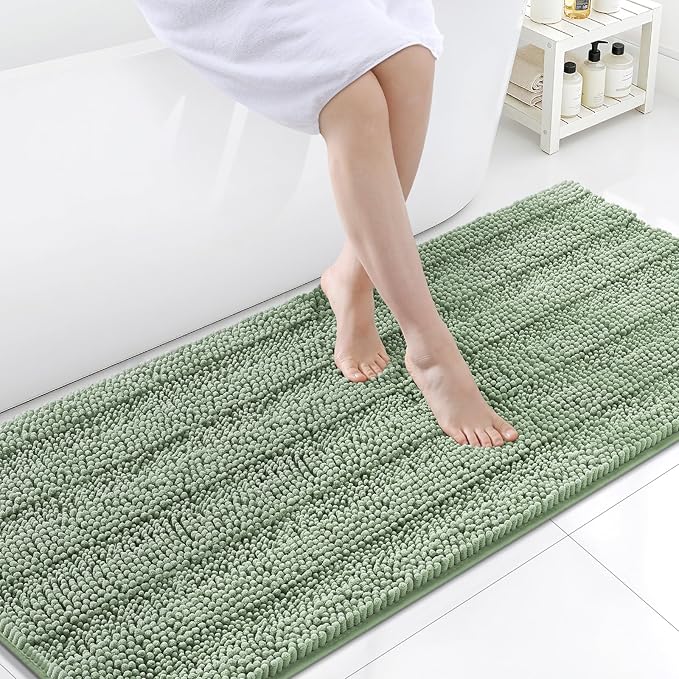 Grandaily Chenille Striped Bathroom Rugs 70x24, Extra Thick and Soft Absorbent Bath Mats, Rubber Backing, Plush Shaggy Shower Carpet, Machine Wash Dry, Bath Rug for Bathroom, Grayish Green
