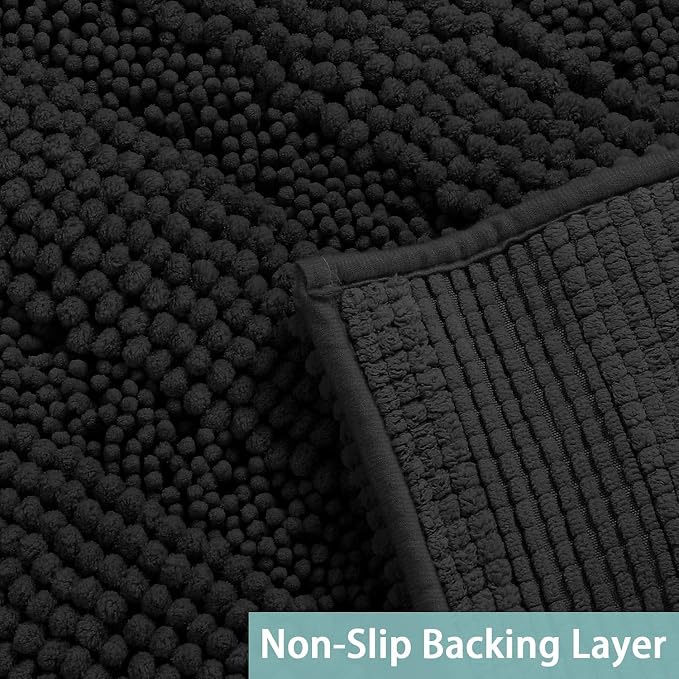 Turquoize Chenille Bathroom Rugs Set Non-Slip Bath Mats for Bathroom Super Absorbent Shaggy Rugs for Tub Shower Toilet Plush Bath Rug Plus U Shaped Rug (Oversized: 24" x 36" and 20" x 24" U), Black