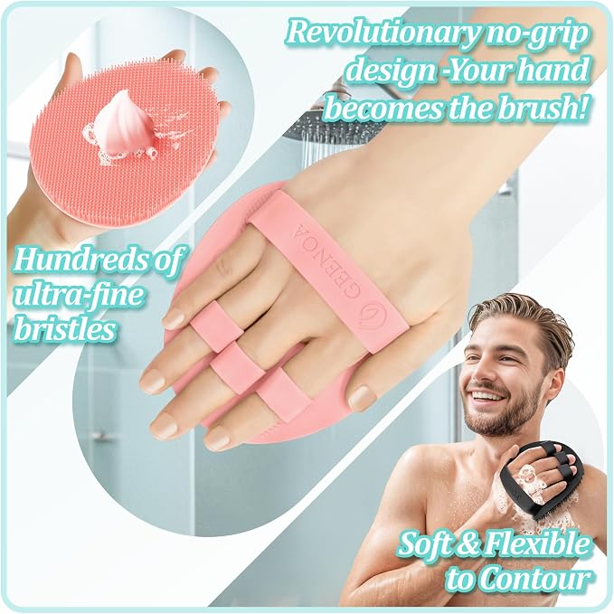 Silicone Back Scrubber & Bath Glove Set 2PCS, 13.4'' Gentle Shower Back Scrubber with Dual-Side Head Non-Slip Handle, 360° Anti-Slip Hand-fit Bath Glove for Rich Foaming Deep Cleaning(Pink)