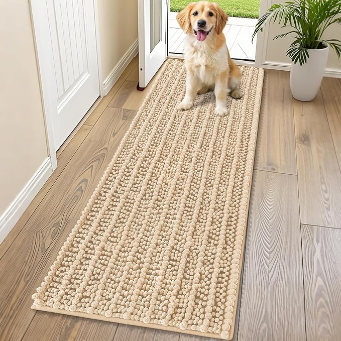 Smiry Dog Door Mat for Muddy Paws 70x24, Absorbent Dirt Trapper, Non-Slip Washable Chenille Entryway Rug for Inside Floor, Beige, Layered Pattern
