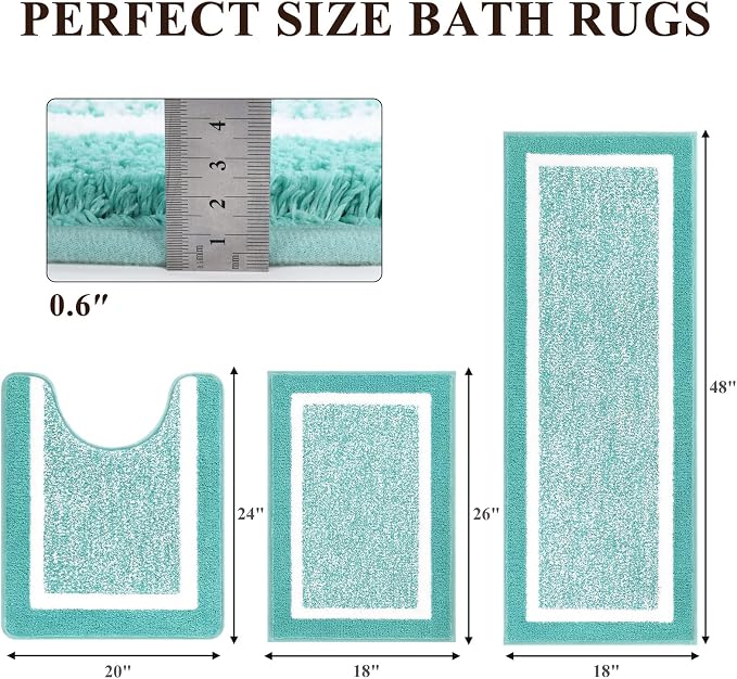 Pauwer 3 Piece Bath Mat Set, Non Slip Plush Bathroom Mats, Absorbent Shaggy Bathroom Rug Set with U-Shaped Contour Toilet Mat for Bedroom Living Room, Teal