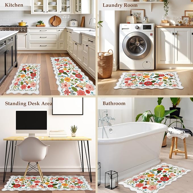 Arenarug Scalloped Kitchen Mats for Floor 2PC Cushioned Anti Fatigue Kitchen Mats Rugs Waterproof Non Slip Farmhouse Boho Floral Comfort Foam Standing Mat for Sink Laundry, White