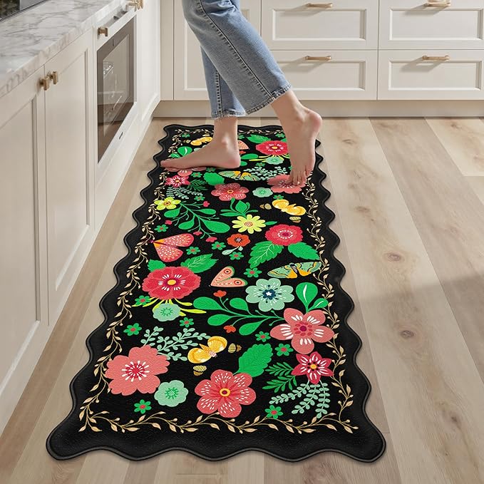 Arenarug Scalloped Black Kitchen Mats for Floor Cushioned Anti Fatigue Kitchen Mats Rugs Waterproof Non Slip Farmhouse Boho Floral Comfort Foam Standing Mat for Sink Laundry, 17.3x47