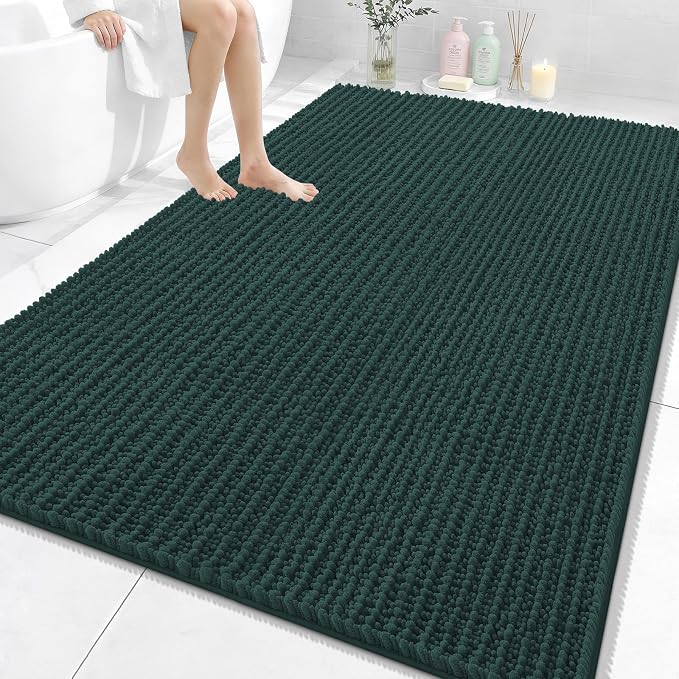 OLANLY Bathroom Rug Mat 70x46, Thick Soft and Absorbent Chenille Bath Mat, Non-Slip Rubber Backing, Machine Washable Quick Dry Bath Rugs for Tub Shower Floor, Home Decor Accessories, Blackish Green