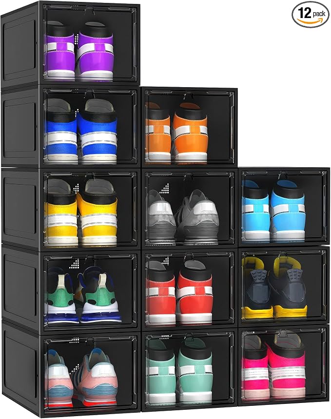 XX-Large Clear Shoe Storage Boxes with Magnetic Door, Thickened Stackable Shoe Organizer 12 Pack, Sneaker Display Case for Closet Organization & Entryway Storage, Dust-Proof Space Saving System, Black
