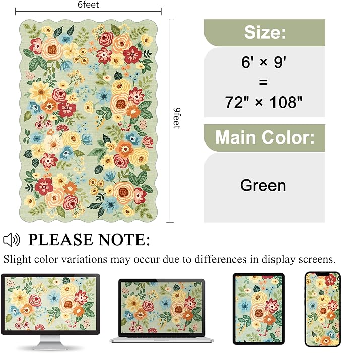 DUKINO 6x9 Area Rug, Floral Washable Rugs for Living Room with Non Slip Backing & Non-Shedding, Lightwight Low Pile Boho Design Large Carpets for Bedroom, Living Room, Dining Room, Green