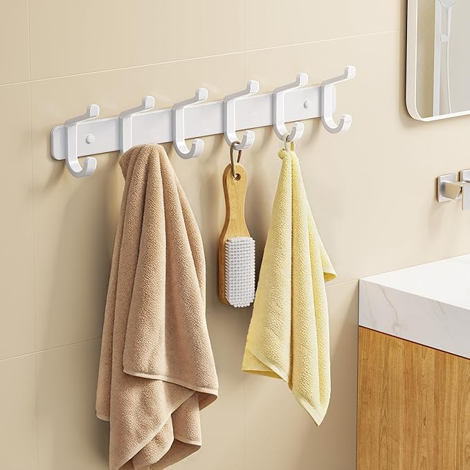 pickpiff Coat Rack Wall Mounted Heavy-Duty: Metal Coat Hanger 6 Hooks for Hanging Hat, Clothes, Robe, Keys, Backpack, Bathroom Towels, Jacket, Purse - Closet, Door, Entryway, Mudroom (White, 1 Pack)