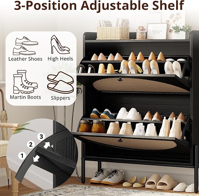 IRONCK Shoe Cabinet Storage with 2 Flip Drawers, Free Standing Wooden Shoe Storage Organizer Cabinet with Rattan Doors for Entryway, Narrow Shoe Rack Cabinet, Black