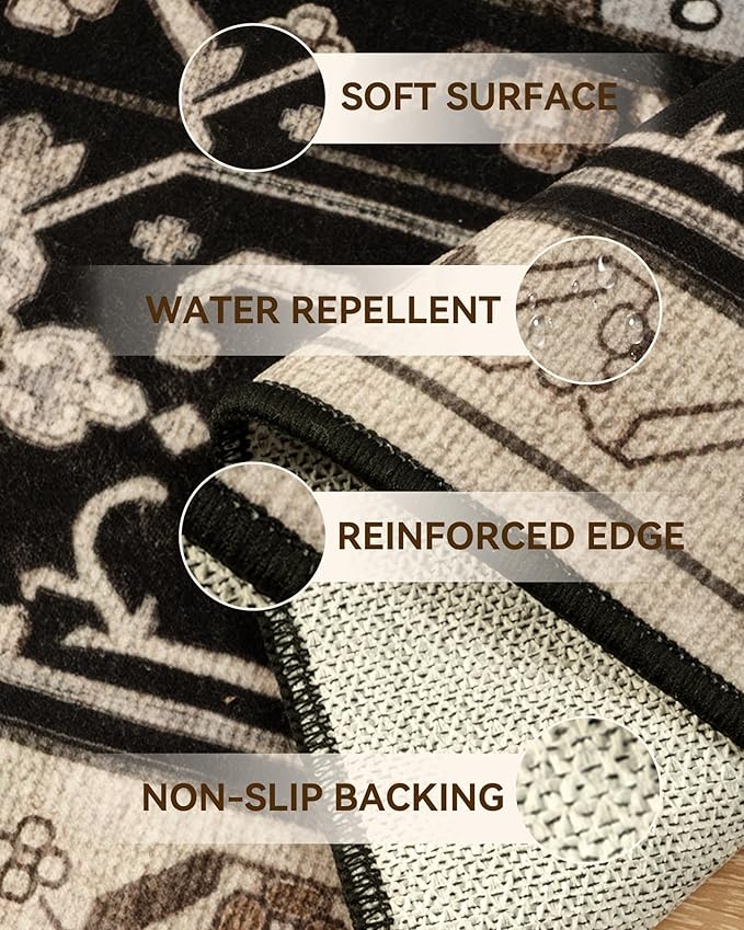 RELEANY Area Rugs Runner 2'x10' Washable Non-Slip, Floral Vintage Distress Medallion Carpet for Kitchen Hallway Bedroom Beside Laundry Room Bathroom, Black Brown Neutral Dark Tan