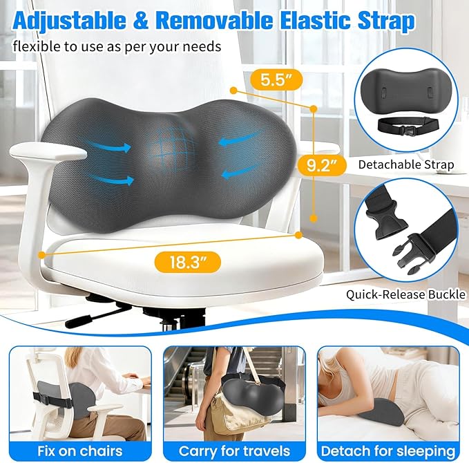 SweetSlubr Lumbar Support Pillow for Office Chair - Memory Foam Lumbar Pillow with Detachable Strap & Breathable Cover, Ergonomic Back Support for Office Chair, Car Seat Cushion, Bed Rest (Grey)