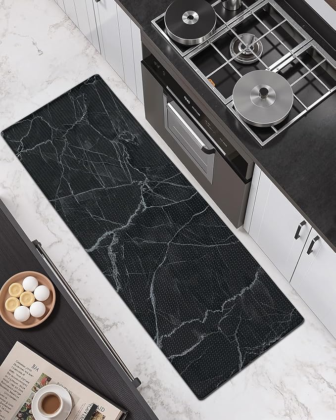 DEXI Kitchen Floor Mats Cushioned Anti Fatigue, 23x59 Large Wide Standing Comfort Runner Rug Waterproof, Marble Memory Foam Padded for Front Sink Laundry, Black