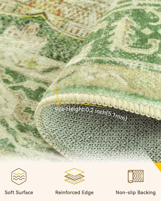 RELEANY Area Rugs Round 8ft Washable Non-Slip, Floral Vintage Distress Medallion Carpet for Living Room Bedroom Dining Room, Sage Green Yellow