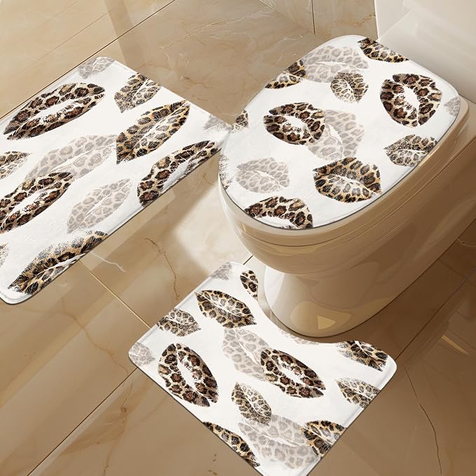 4 PCS Kiss Lips Shower Curtain Set 72Wx72H,Toilet Lid Cover,Non-Slip Rugs and U-Shaped Mat,Wild Cheetah Leopard print Bathroom Sets with Rugs Shower Accessories 12 Hooks for Bathroom Decor