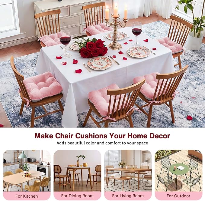 BETU Pink Chair Cushions for Dining Chairs Set of 6,3.5" Thick Kitchen Table Chair Pads with Ties,Non Slip Backing and Covers, Seat Cushion for Dining Room,Bar,Patio Chairs,15.5"X15.5"X3.5",Pink