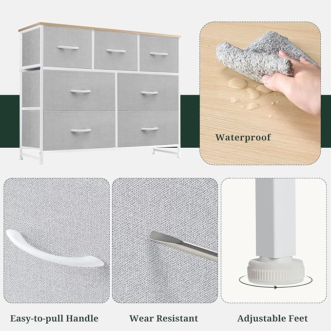 7-Drawer Dresser for Bedroom, Anti-Tip Wide Storage Organizer Fabric Chest of Drawers TV Stand for 45" TV with Wooden Top and Metal Frame for Closet, Living Room, Hallway, Entryway, Light Gray