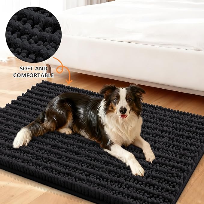 Smiry Dog Door Mat for Muddy Paws 36x24, Absorbent Dirt Trapper, Non-Slip Washable Chenille Entryway Rug for Inside Floor, Black, Layered Pattern