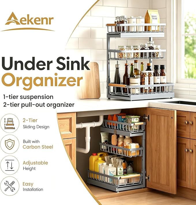 Under Sink Organizer and Storage for Bathroom and Kitchen - 2 Pack 3 Tier Under Cabinet Pull Out Shelf Organizers - Slide Out Drawer Organization for Home Cabinets Shelves and Drawers
