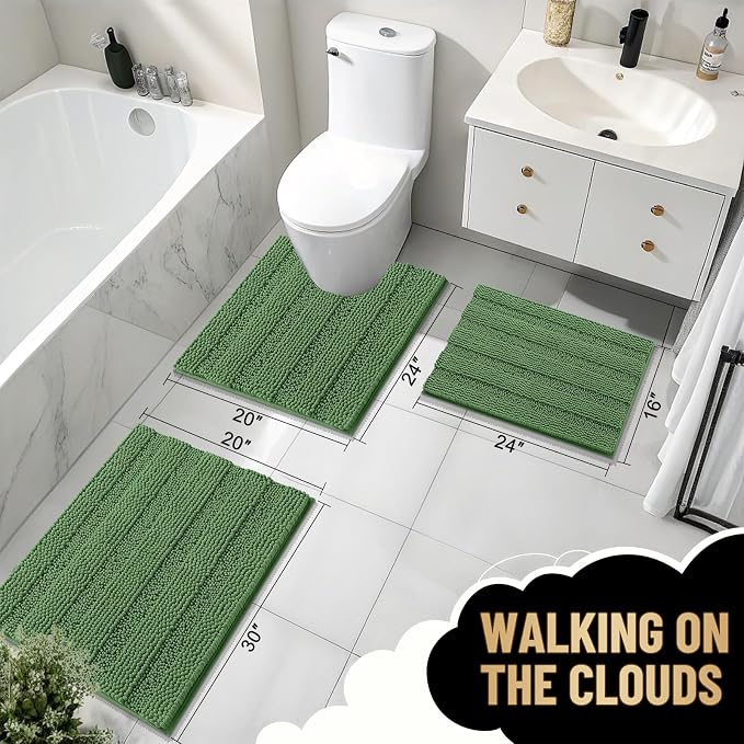 OLANLY Thick Bathroom Rugs 30x20, Extra Soft Absorbent Chenille Striped Bath Rugs, Rubber Backing, Machine Wash Dry, Bath Mats for Bathroom Floor, Tub and Shower, Home Decor Accessories, Olive Green