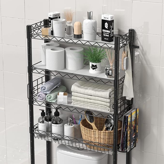Hodonas Over Toilet Bathroom Organizer, Adjustable 4-Tier Over the Toilet Storage Shelf Sturdy Bathroom Shelves, Freestanding Above Toilet Storage Rack Stable Bathroom Space Saver, Black