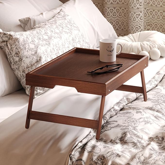 Fibogollo 2 Pack Bamboo Bed Tray Table with Folding Legs,Breakfast Trays,Serving Tray for Food and Snack,Laptop Trays for Working(Brown)