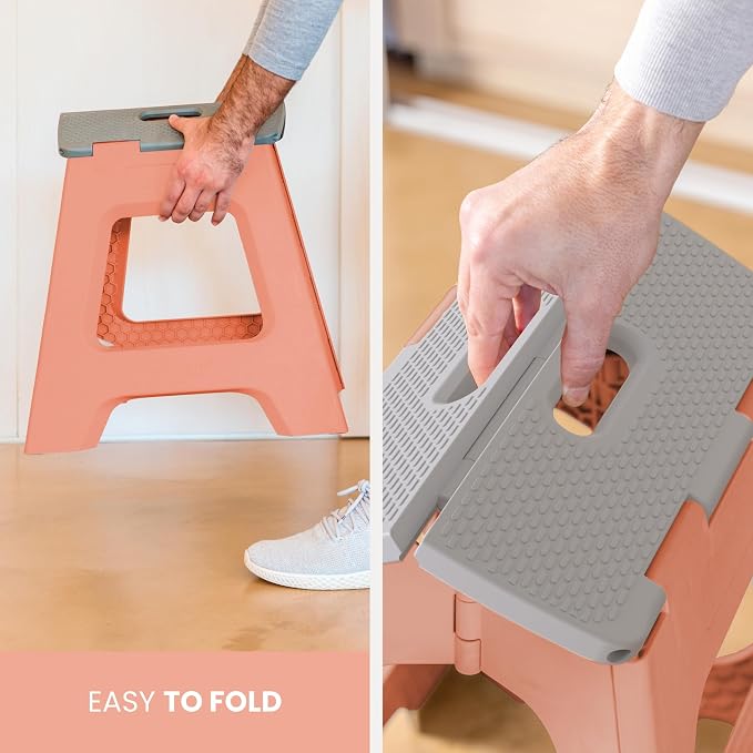 Vigar Compact Folding Step Stool - 12-1/2 Inch Foldable Step Stool for Adults, Lightweight Portable Stool with Handle, Non Slip Step Stool, Space-Saving Stool up to 330 lb - Sunrise Orange