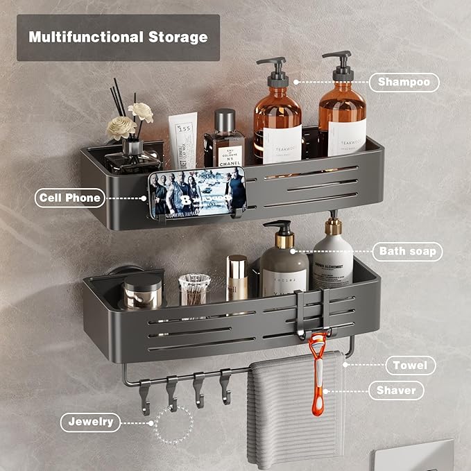 Voldra Shower Caddy Suction Cup, 1 Pack Shower Shelves for Inside Shower No Drilling, Aluminum Suction Showers Organizer with Towel Bar & Hooks Removable Bathroom Shelf Storage Rack(Gray)