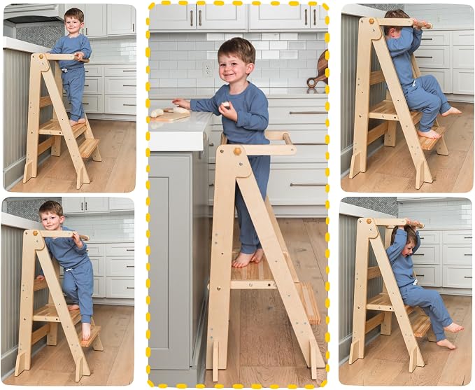 OCODILE Adjustable Foldable Toddler Tower – Folding Tower for Kids | Montessori Toddler Kitchen Step Stool Helper for Independence - Varnished