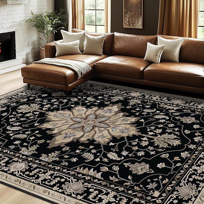 RELEANY Area Rugs 7'x9' Washable Non-Slip, Floral Vintage Distress Medallion Carpet for Living Room Bedroom Dining Room, Black Brown Neutral Dark Tan