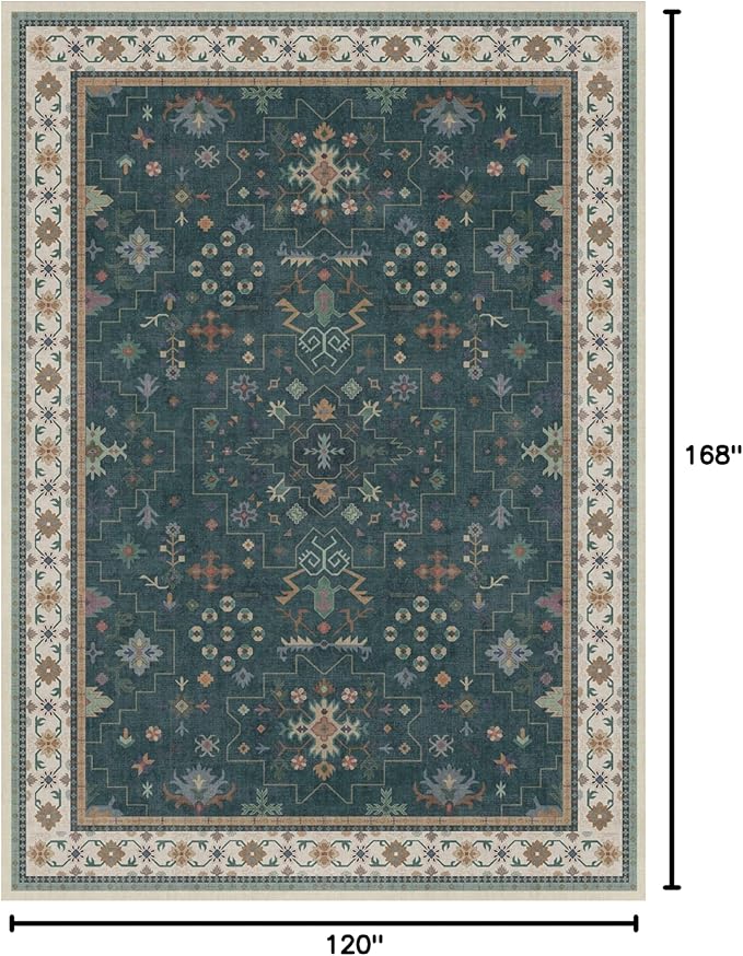 Hazo Haus Dark Green Oushak Living Room Rug 10x14 - Modern Vintage Boho Eclectic Floral Pastel, Washable Low Pile Non-Slip Extra Large Area Rugs for Dining Under Table Bedroom Lounge
