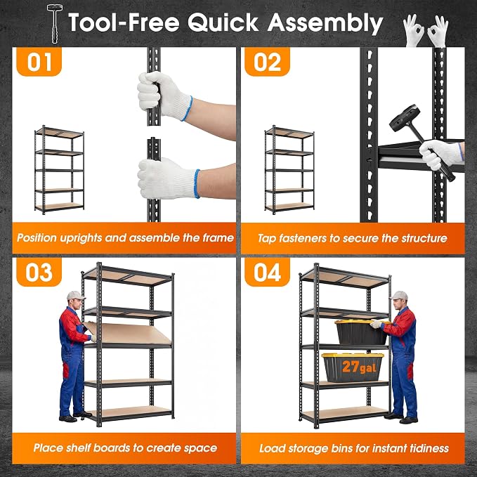 REIBII 2400LBS Garage Shelving Heavy Duty,5 Tier Storage Shelves Adjustable Metal Shelving Unit,Garage Shelves for Basement,Warehouse,Commercial,Pantry,Closet,Kitchen 72x35.55x16,Black