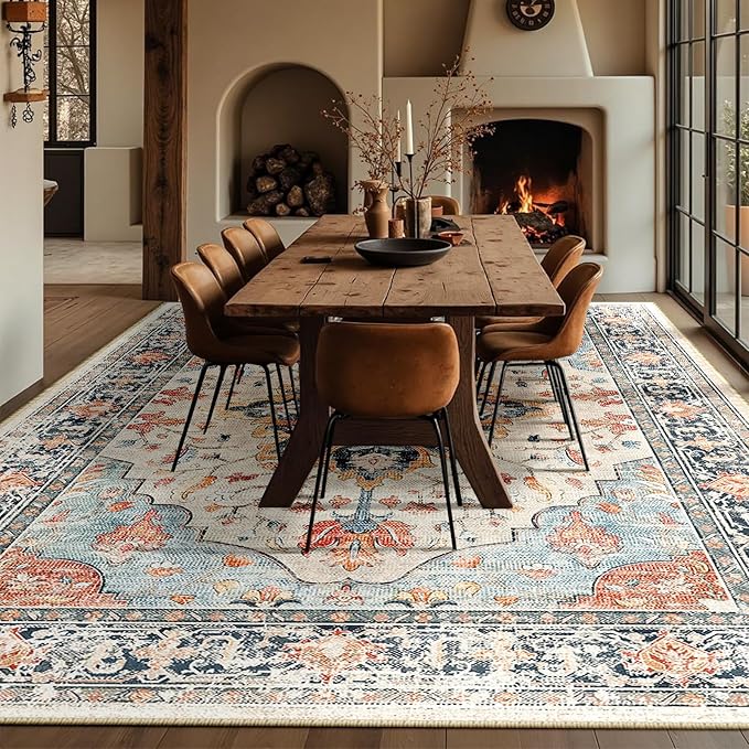 RELEANY Area Rugs Large 10'x12' Washable Non-Slip, Floral Vintage Distress Medallion Carpet for Living Room Bedroom Dining Room, Beige Navy Blue Orange Colorful