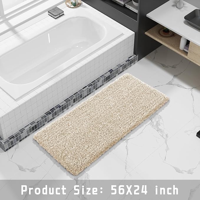 Yimobra Luxury Bathroom Rugs, Fluffy Bath Mats, Non Slip, Water Absorbent Microfiber, Machine Washable, Plush Runner Shower Rugs, Thick Matts for Bathroom Floor/Tub, 56" X 24", Light Beige and White