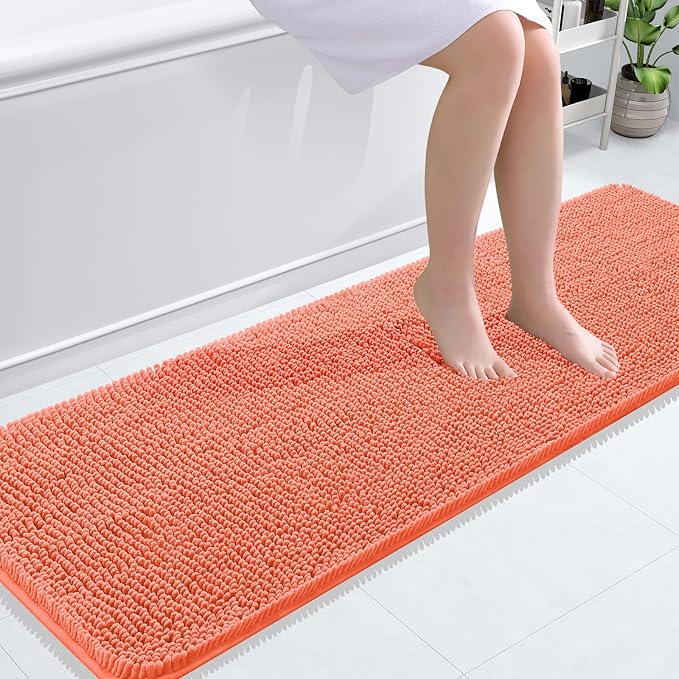 OLANLY Bathroom Runner Rugs 59x20, Extra Soft Absorbent Chenille Bath Rugs, Rubber Backing Quick Dry, Machine Washable Long Bath Mats for Bathroom Floor, Tub and Shower, Home Decor Accessories, Coral