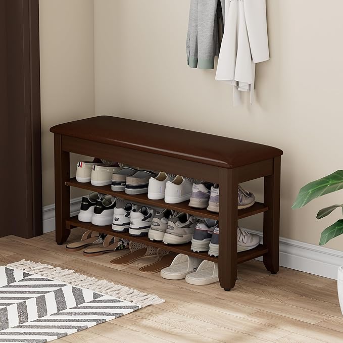Homleke Shoe Rack Bench with Flip-Top Storage, Solid Wood Entryway Bench with Cushion, Adjustable Shelf, for Hallway, Mudroom, Closet – Walnut, 31.5"