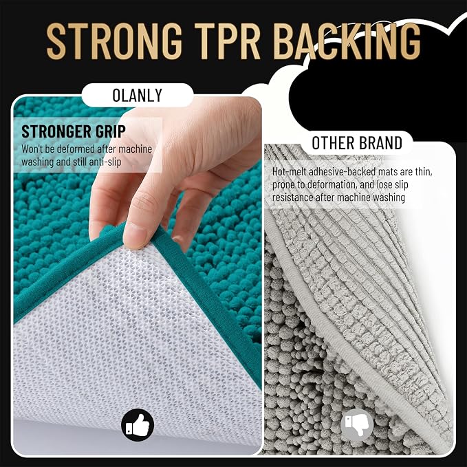 OLANLY Thick Small Bathroom Rugs 24x16, Extra Absorbent Chenille Striped Bath Rugs, Rubber Backing, Machine Wash, Bath Mats for Bathroom Floor, Tub and Shower, Home Decor Accessories, Deep Lake