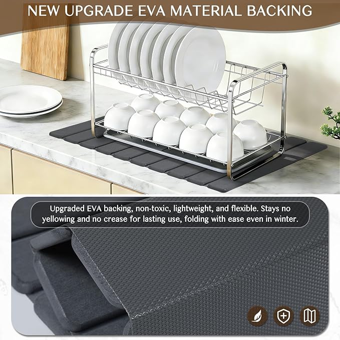 Large Stone Dish Drying Mat for Kitchen Counter, Thin & Light Quick Dry Stone Bath Mat, Foldable Water Absorbing Diatomite Drying Pad for Kitchen Bathroom Sink Countertop (Pure Gray 24"×16" & 8"x4")