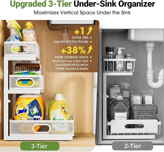 Under Sink Organizer 3 Tier, 2 Pack L-Shaped Pull-Out Cabinet Organizer with Sliding Metal Mesh Drawers, Height Adjustable Under Sink Storage Rack for Kitchen Bathroom Cabinet, White