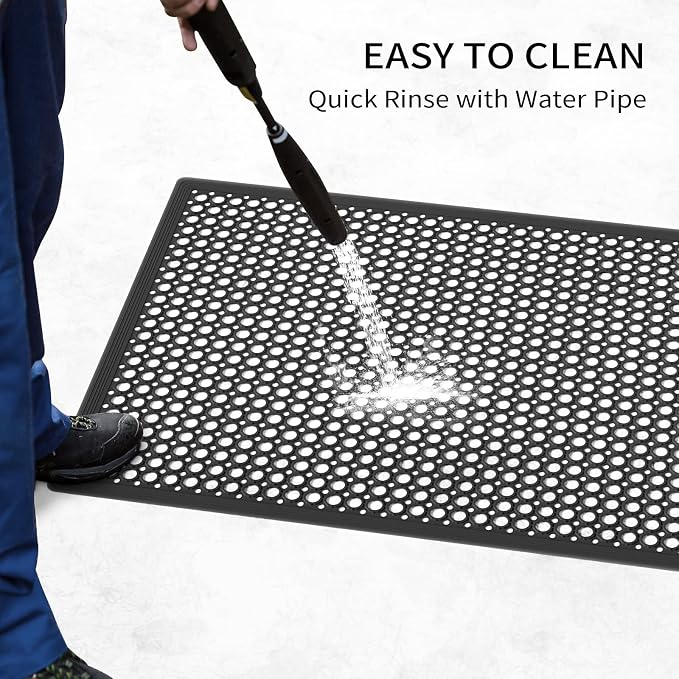 ROVSUN Rubber Floor Mat with Holes, 36''x 60'' Anti-Fatigue/Non-Slip Drainage Mat, for Industrial Kitchen Restaurant Bar Bathroom Utility Garage Pool Entry Door Mat, Indoor (36''x 60'' Black 2Pcs)