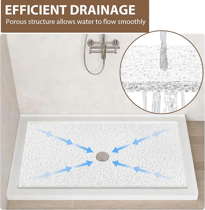 Extra Large Non Slip Shower Mat: 59x35.4 inch Loofah Shower Mat for Inside Shower with Drain Hole in Middle, Soft PVC Anti-Slip Shower Stall Mats for Bathroom,Wet Area, Quick Drying
