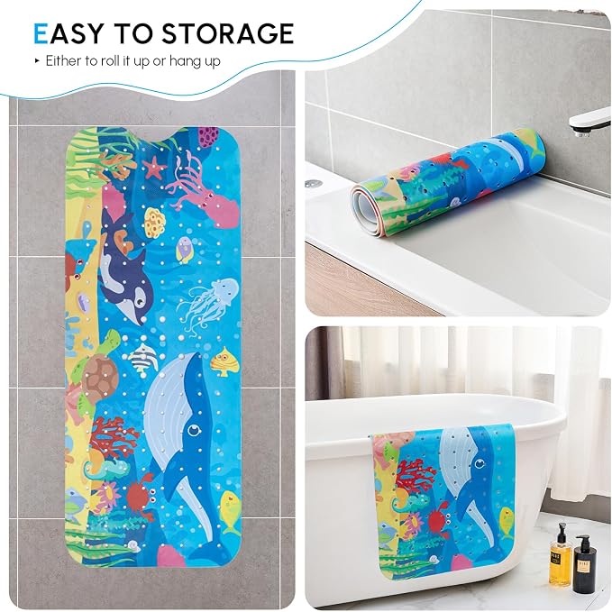 Baby Bath Mat Non Slip, Cartoon Kids Bath Mat for Tub 40 x 16 Inches, Non Slip Bathtub Mat with Suction Cups and Drain Holes Shower Stall Mats, Machine Washable, Dolphin