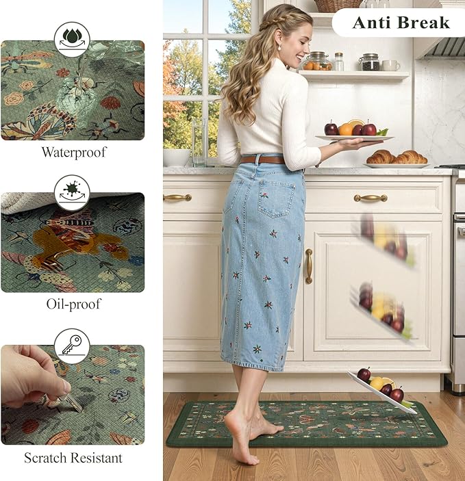 LEEVAN Anti Fatigue Mats for Kitchen Floor Non-Slip, Cushioned Kitchen Mats for Floor 20''x31''+20''x47'', Green Memory Foam Kitchen Mat Set