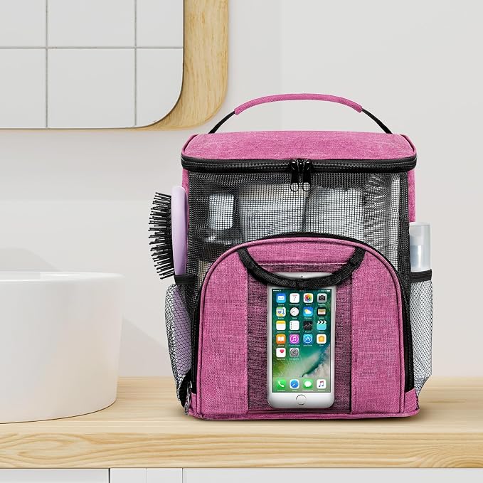 Attmu Portable Shower Caddy College Tote Bag, Quick Dry Hanging Toiletry Bag, Large Capacity Mesh Shower Caddy Portable for College Dorm Room Essentials for Boys and Girls for Bath Camping (Pink)