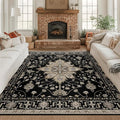 RELEANY Area Rugs Square 8ft Washable Non-Slip, Floral Vintage Distress Medallion Carpet for Living Room Bedroom Dining Room, Black Brown Neutral Dark Tan