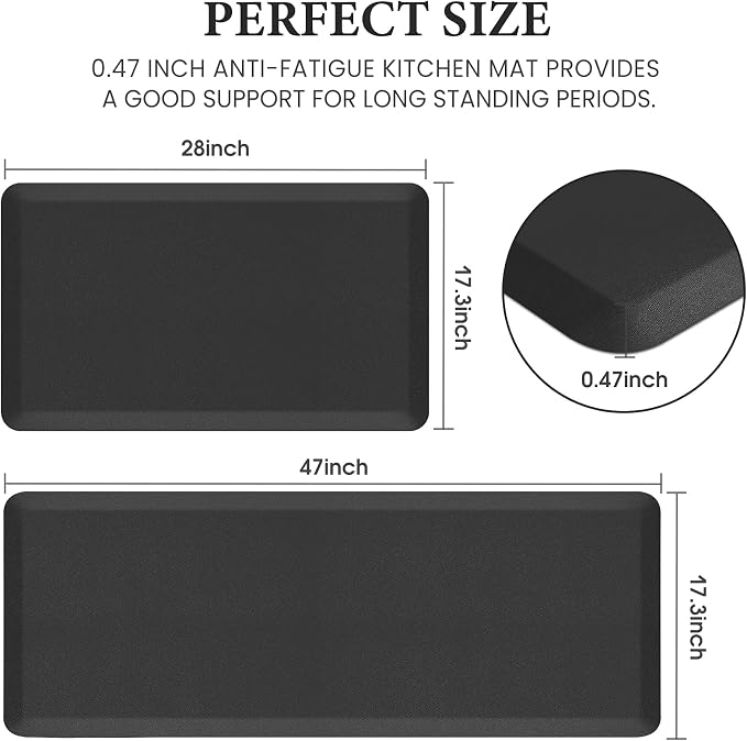HappyTrends 2 PCS Kitchen Mat Cushioned Anti-Fatigue Floor Mat, Heavy Duty Ergonomic Comfort Foam Standing Mat, Waterproof Non-Slip Kitchen Rugs for Home, Office(17.3"x28"+17.3"x47",Black)