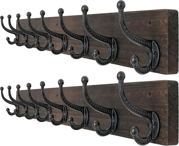 WEBI Rustic Coat Rack Wall Mount,35.43" Long 8 Cast Iron Coat Hooks Wall Mounted,Heavy Duty Wood Wall Coat Hanger Hooks for Hanging Coats,Jacket,Clothes,Backpack,Farmhouse,Weathered Brown,2 Packs