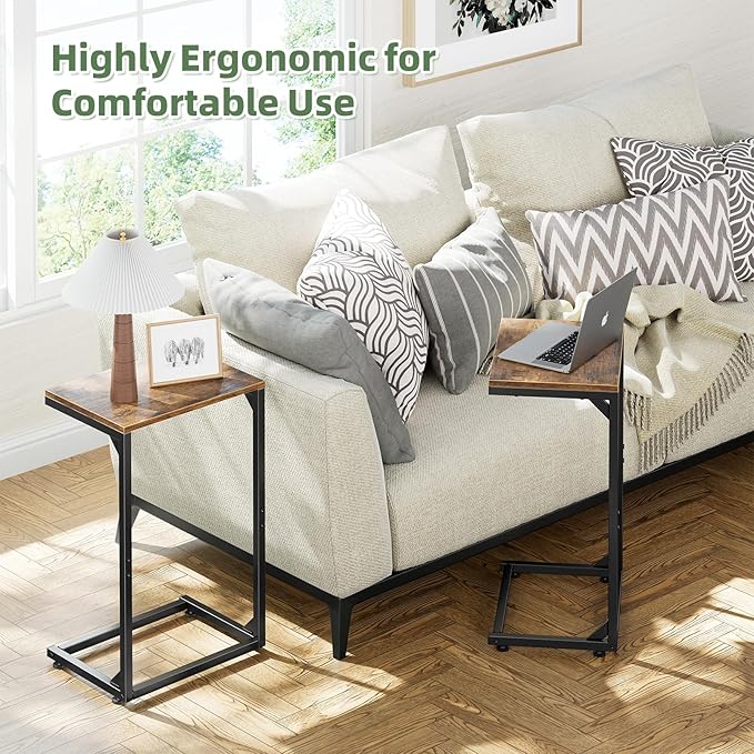 Simple Trending C Shaped Side Table, Small End Table Set of 2, TV Trays Sofa Couch Table for Living Room, Bedside, Rustic Brown